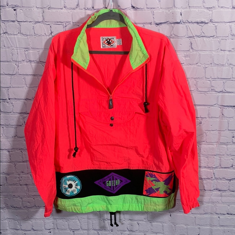 Gotcha Womens VTG Windbreaker Neon Pink Green Size S Retro Outdoor Oversized